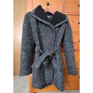 Coldwater Creek Wool Blend Sweater Trench Coat Size 14 Gray Tie Shawl Collar